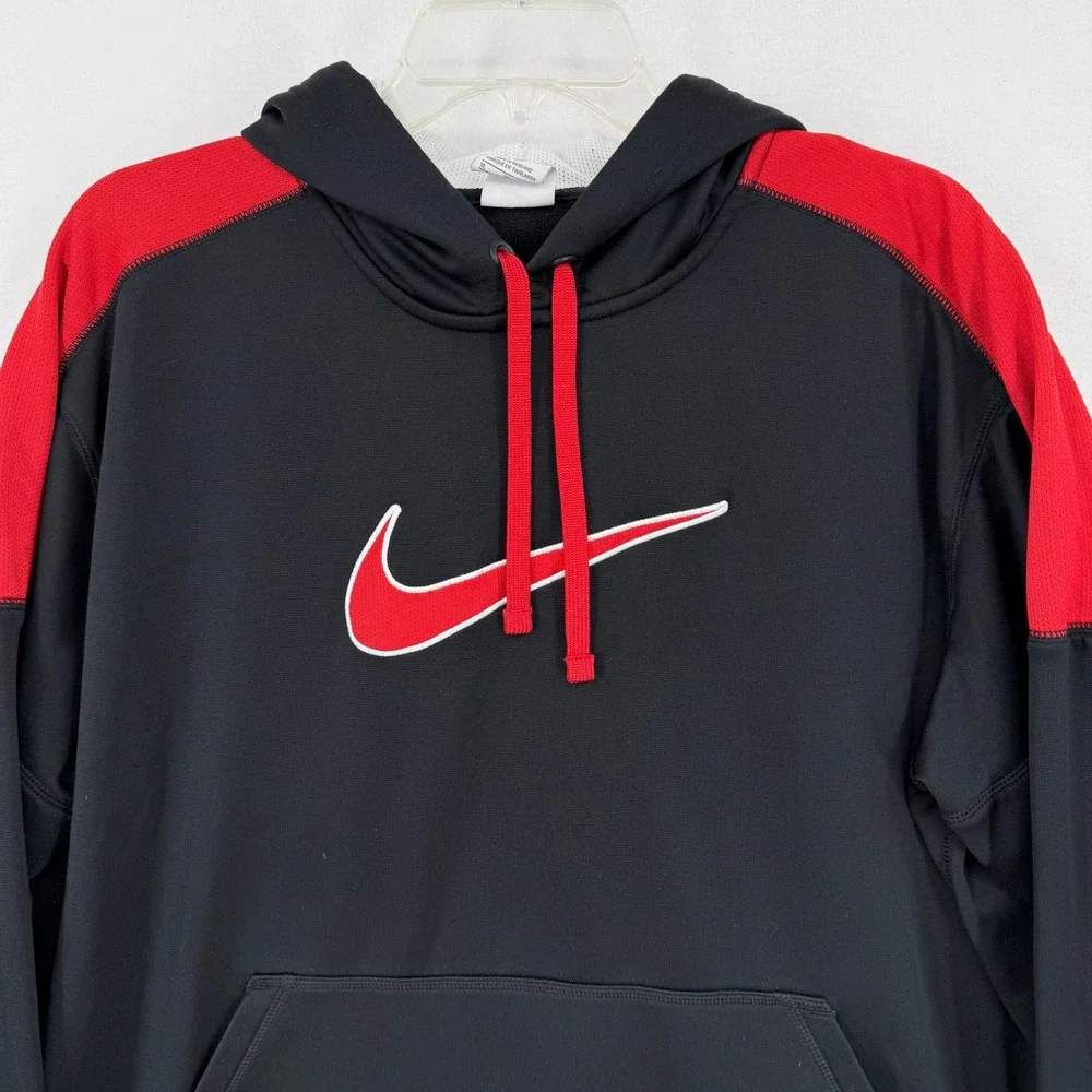 Nike Therma-FIT Mens XL Hoodie Black Red Swoosh Pullover Sweatshirt 438734-011‎